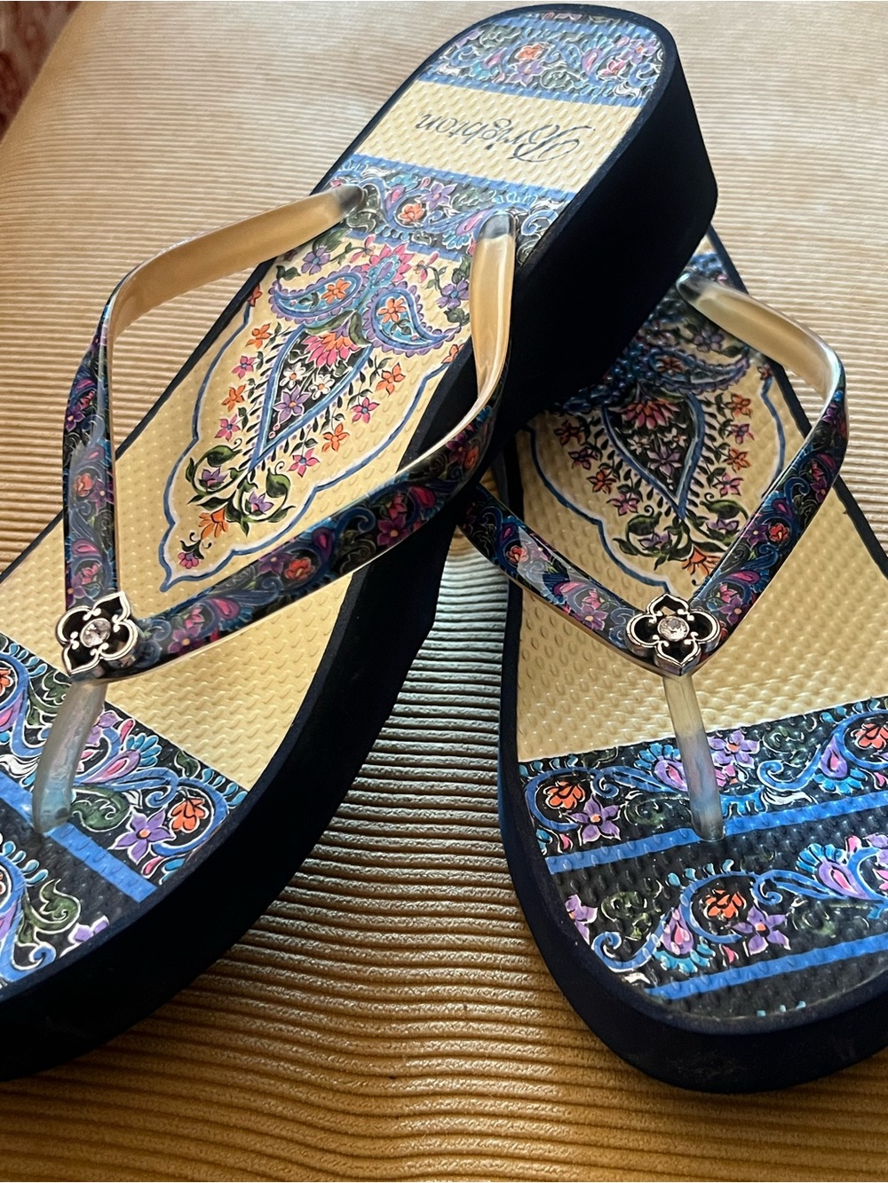 Brighton Gold and Blue Floral Wedge Sandals